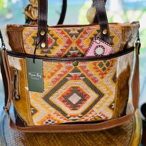 Real Cowhide Myra Western Boho Crossbody Leather Canvas Tapestry Travel Tote Bag